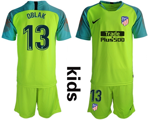 Atletico Madrid #13 Oblak Shiny Green Goalkeeper Kid Soccer Club Jersey